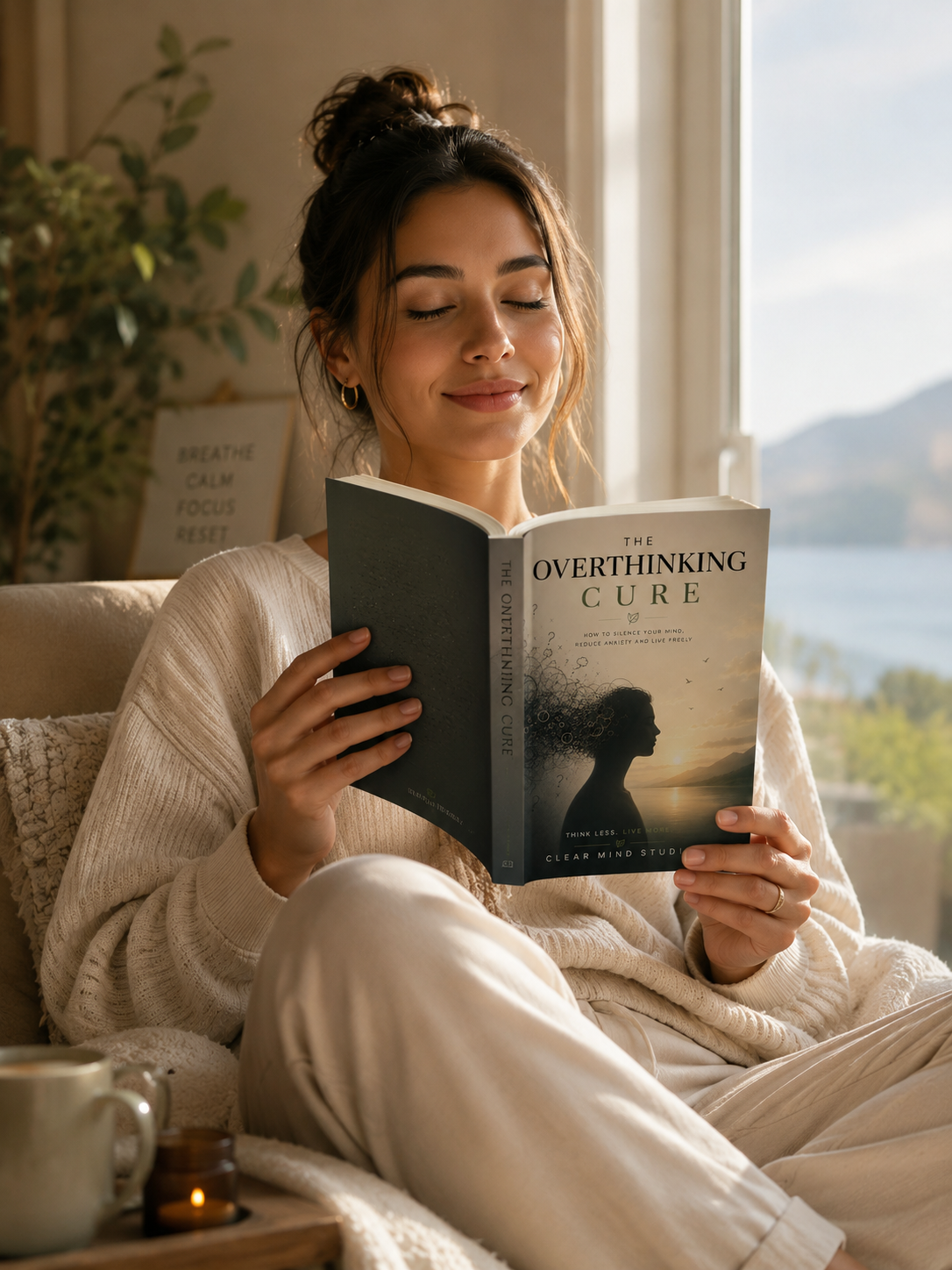 A woman reading The Overthinking Cure in calm morning light
